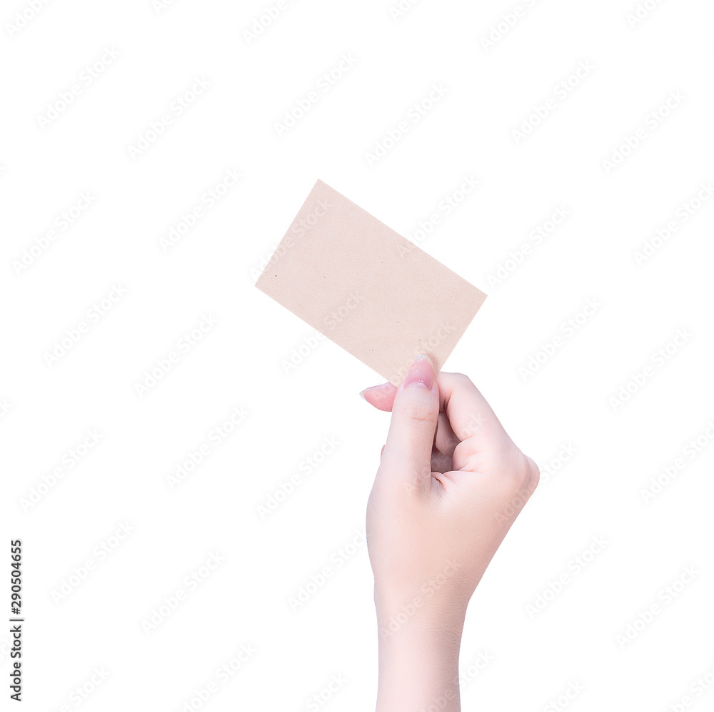 Young asia clean girl hand holding a blank kraft brown paper card template isolated on white backgro