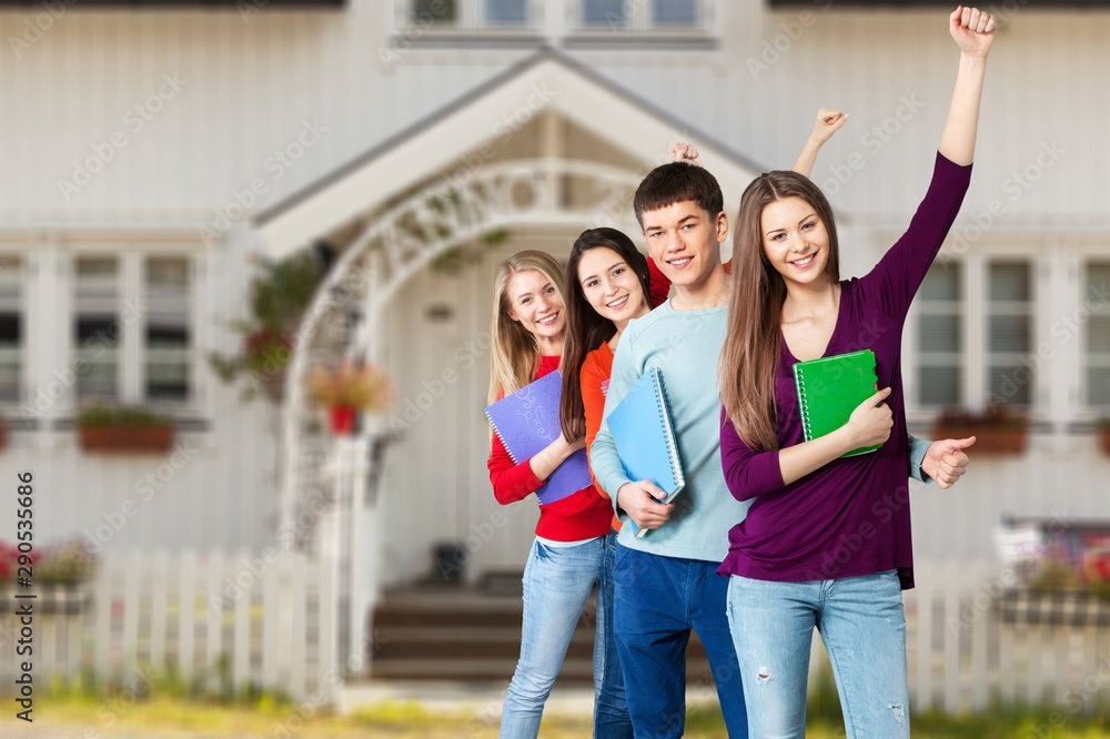 Student happy adult arms raised back back to school backpack