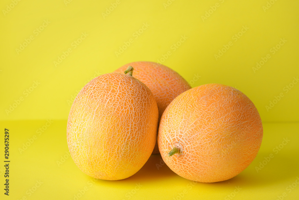 Sweet ripe melons on color background