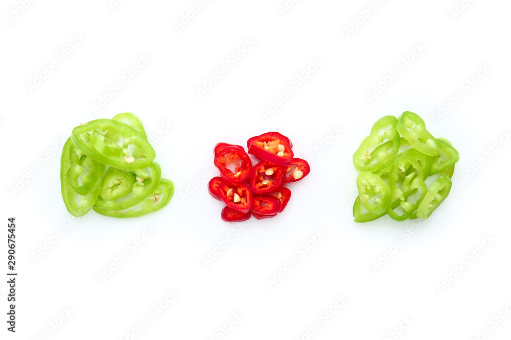 Different cut chili pepper on white background