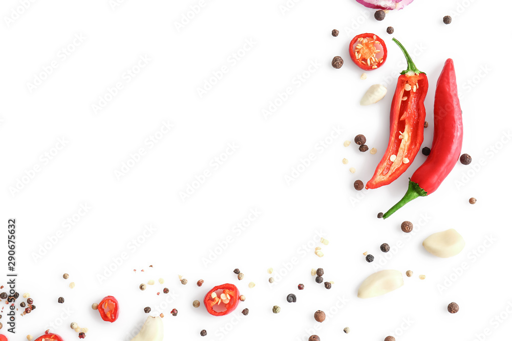 Different spices on white background