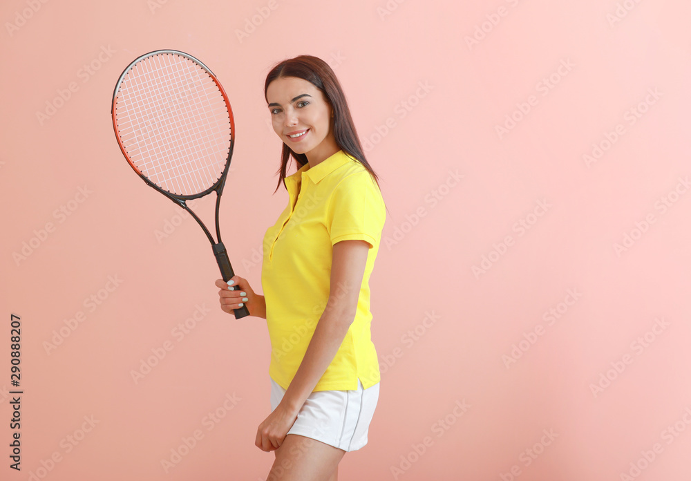 Beautiful tennis player on color background