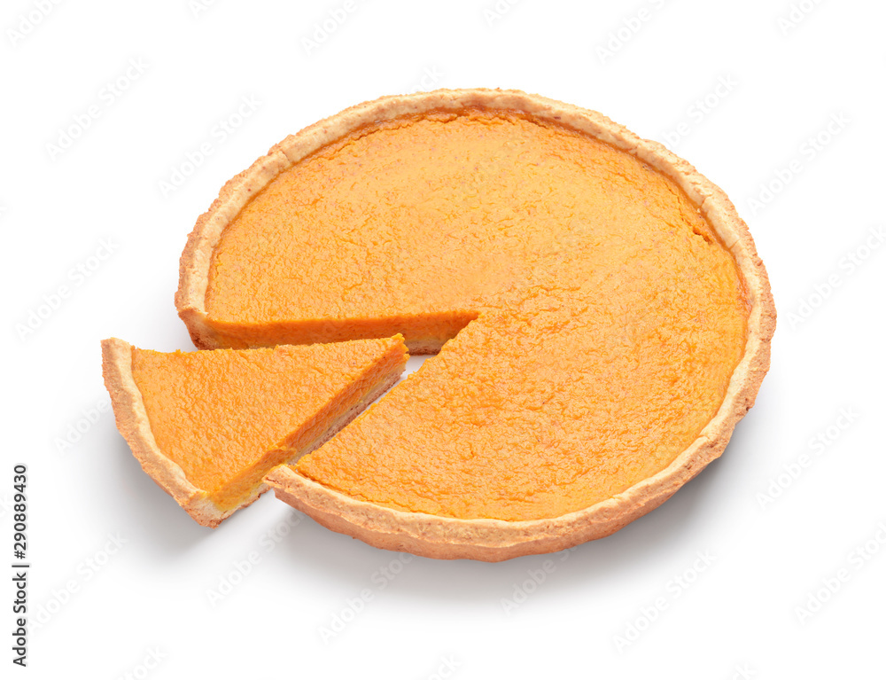 Tasty pumpkin pie on white background