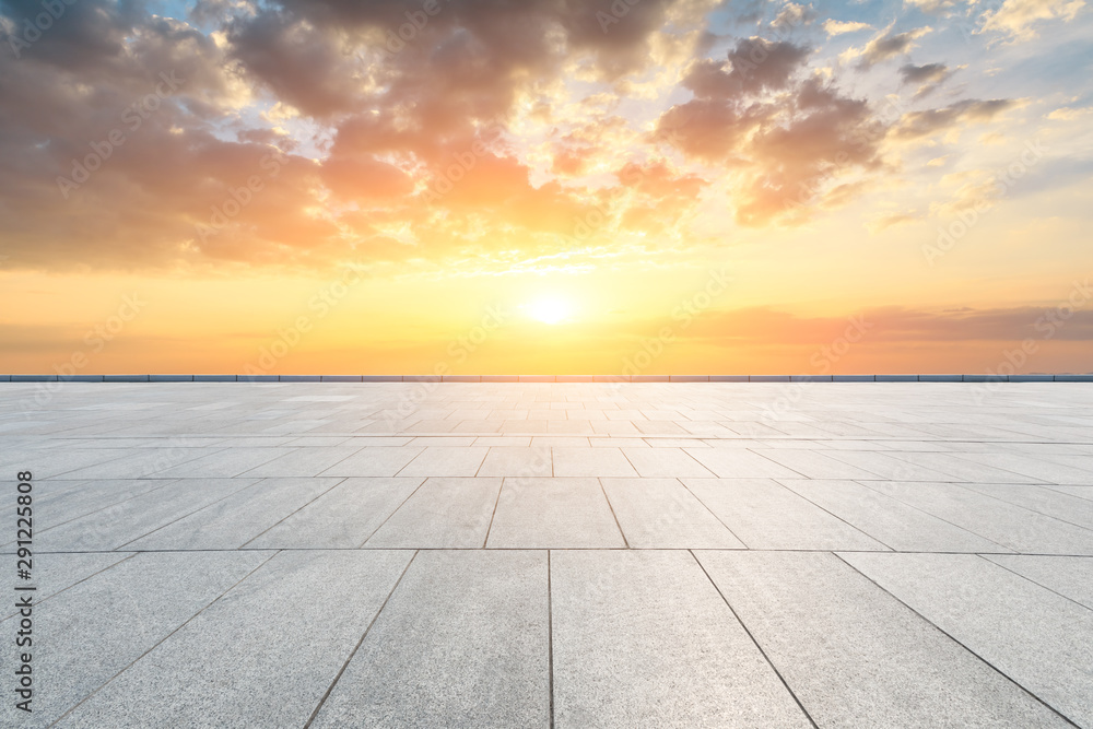 Empty square floor and beautiful sunset clouds