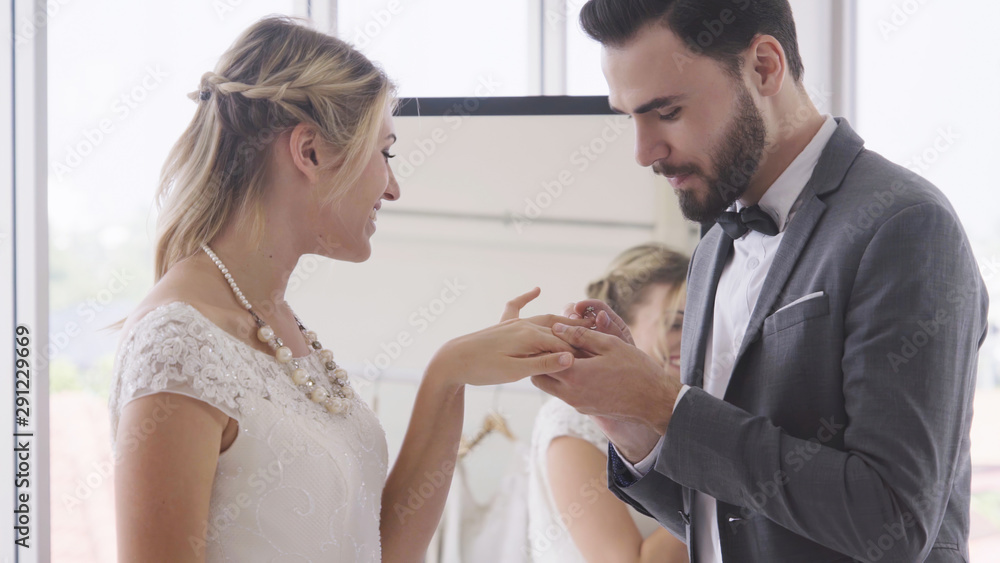 Happy bride and groom in wedding dress prepare for married in wedding ceremony. Romantic love of man