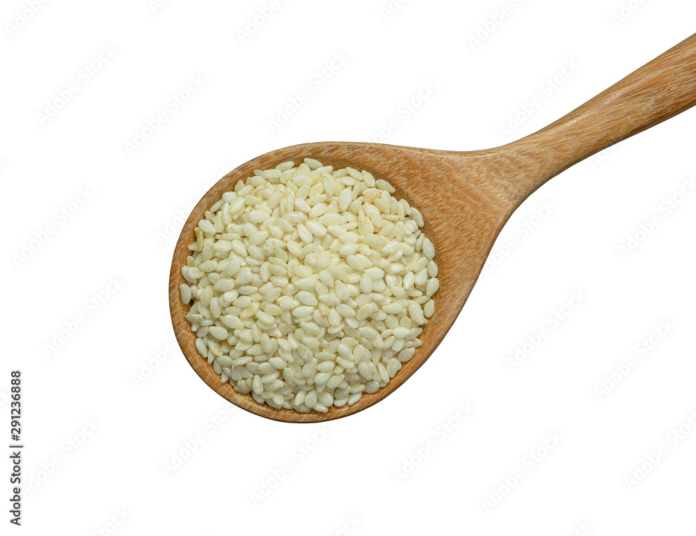 white sesame seeds in wooden spoon isolated on white background. L.Herb.Top view.