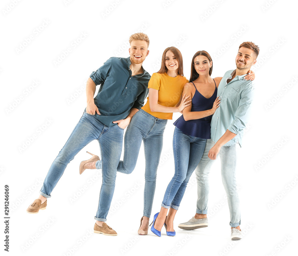 Group of young people in stylish casual clothes on white background