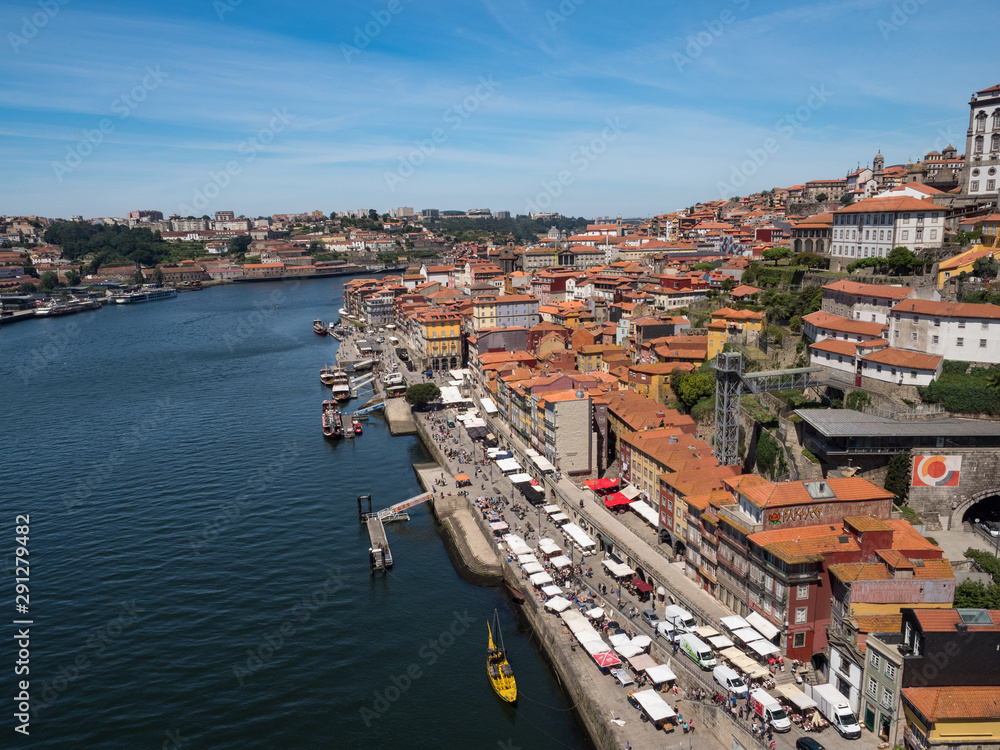 Portugal. may 2019: Panoramic view of Old Porto Oporto city and Ribeira over Douro river from Vila N