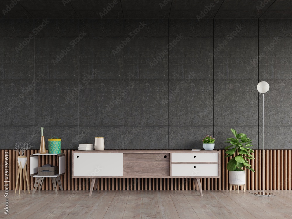 Cabinet in modern empty room with concrete wall and floor.