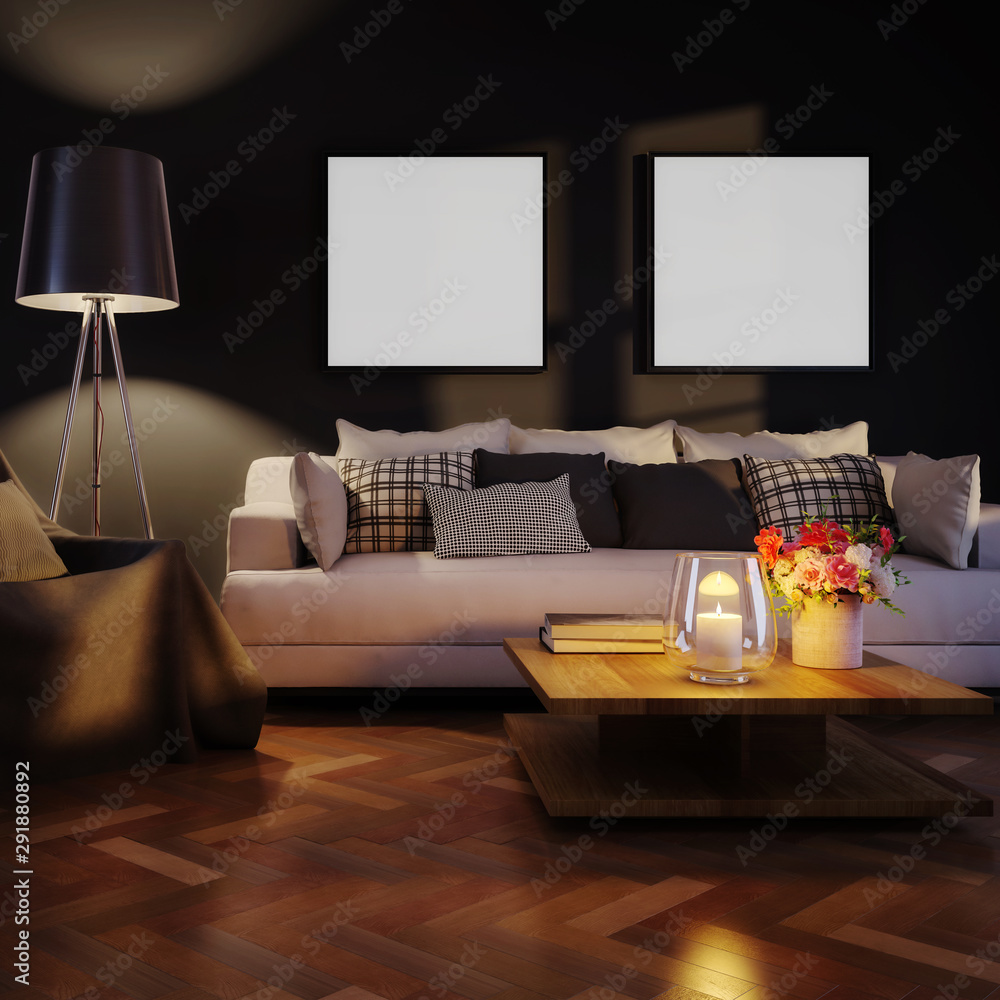 Cute living room interior with template frames by artificial light (detail) - 3d illustration