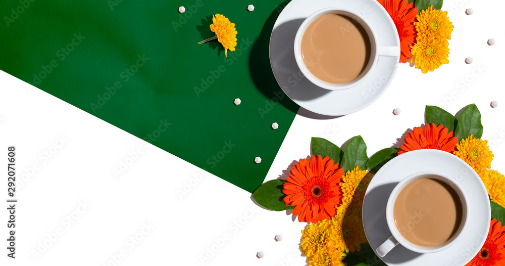 Autumn flower theme with coffee - overhead view flat lay