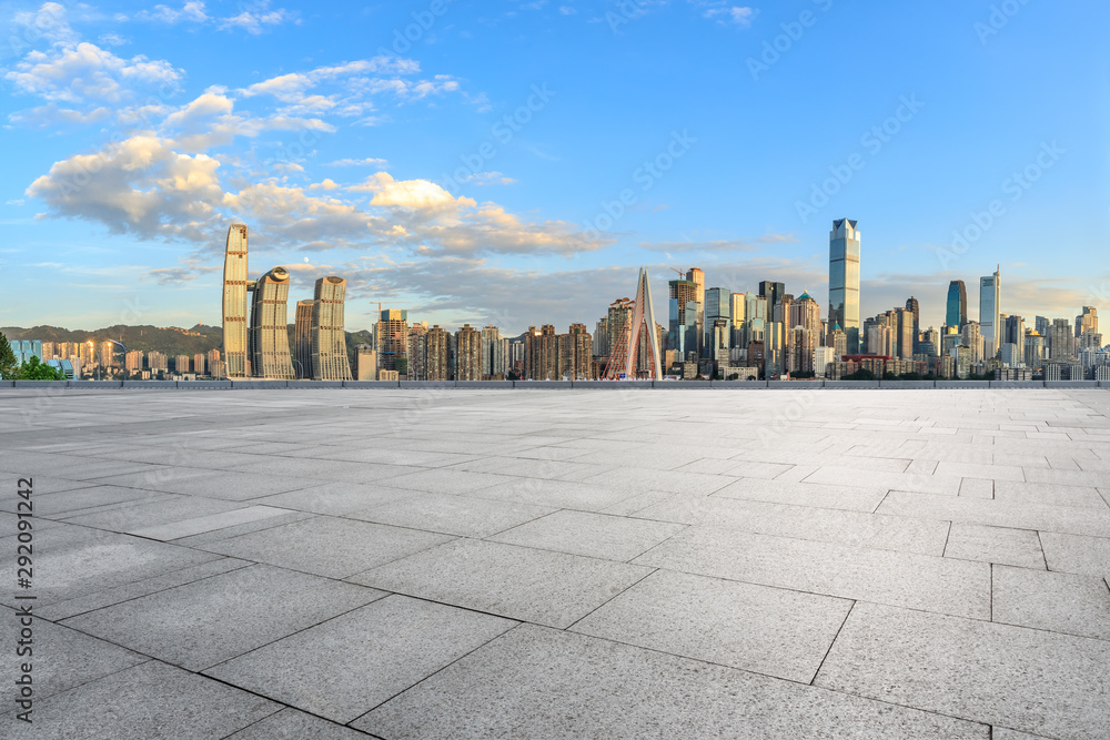 Empty square floor and cityscape with buildings in Chongqing at sunset,China.