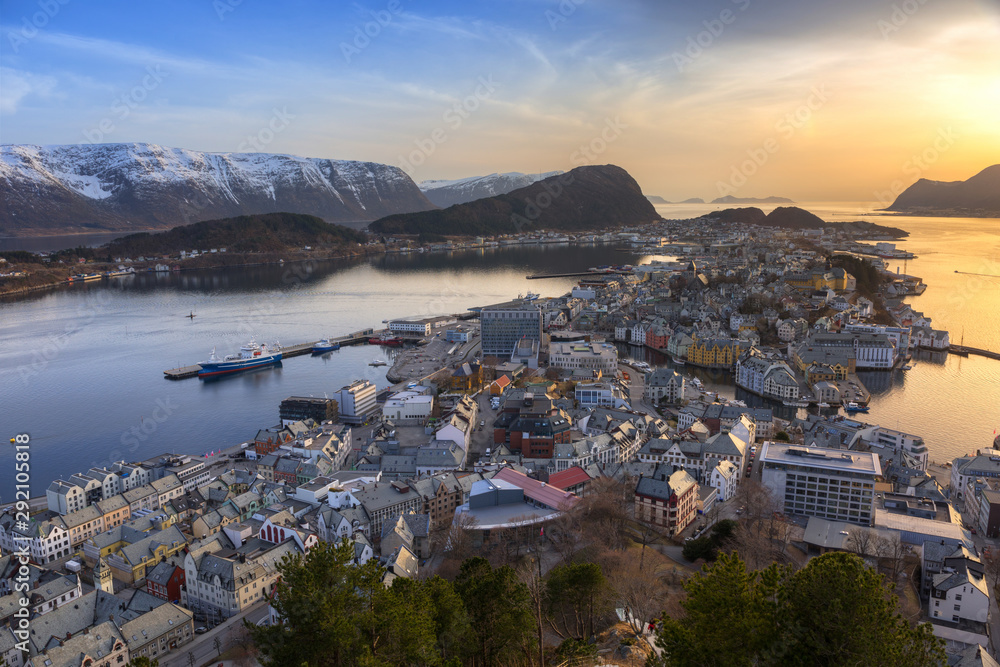 Beautiful sunset over Alesund town in west Norway