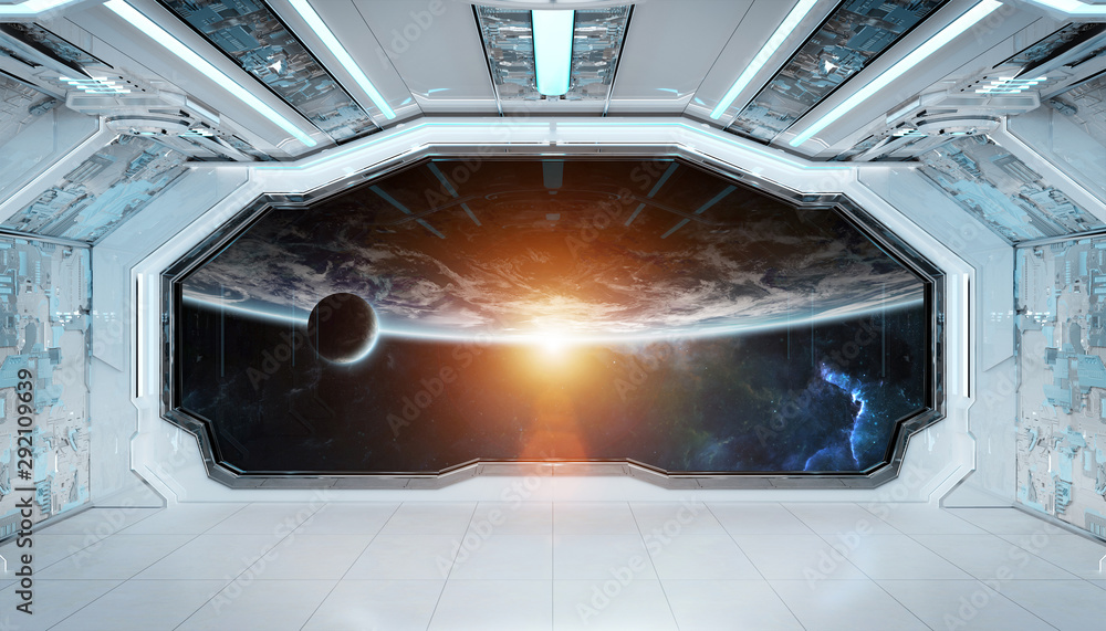 White blue spaceship futuristic interior with window view on planet Earth 3d rendering