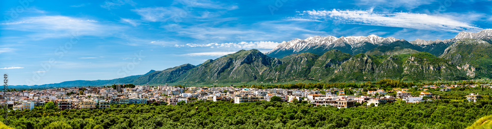 Panorama of Sparta with Taygetos Mountains in Greece