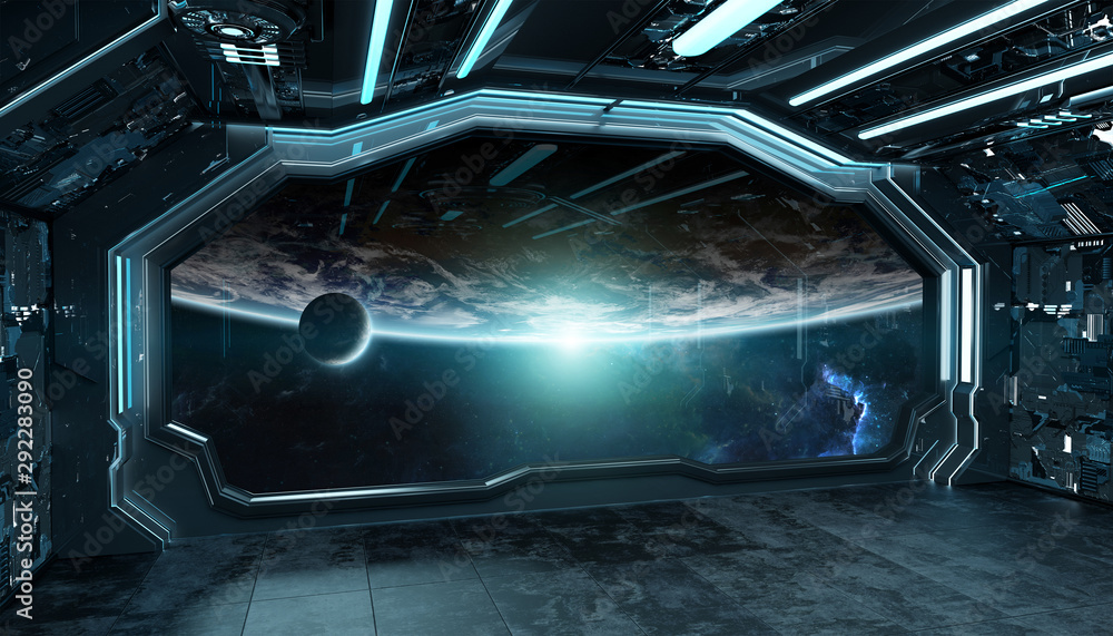 Dark blue spaceship futuristic interior with window view on planet Earth 3d rendering