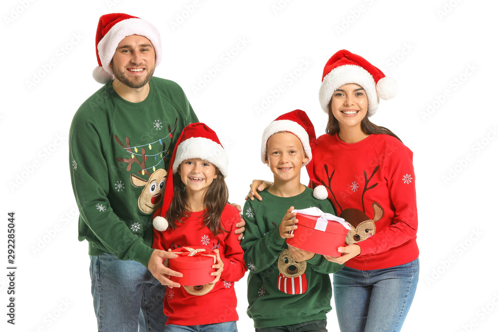 Happy family with Christmas gifts on white background