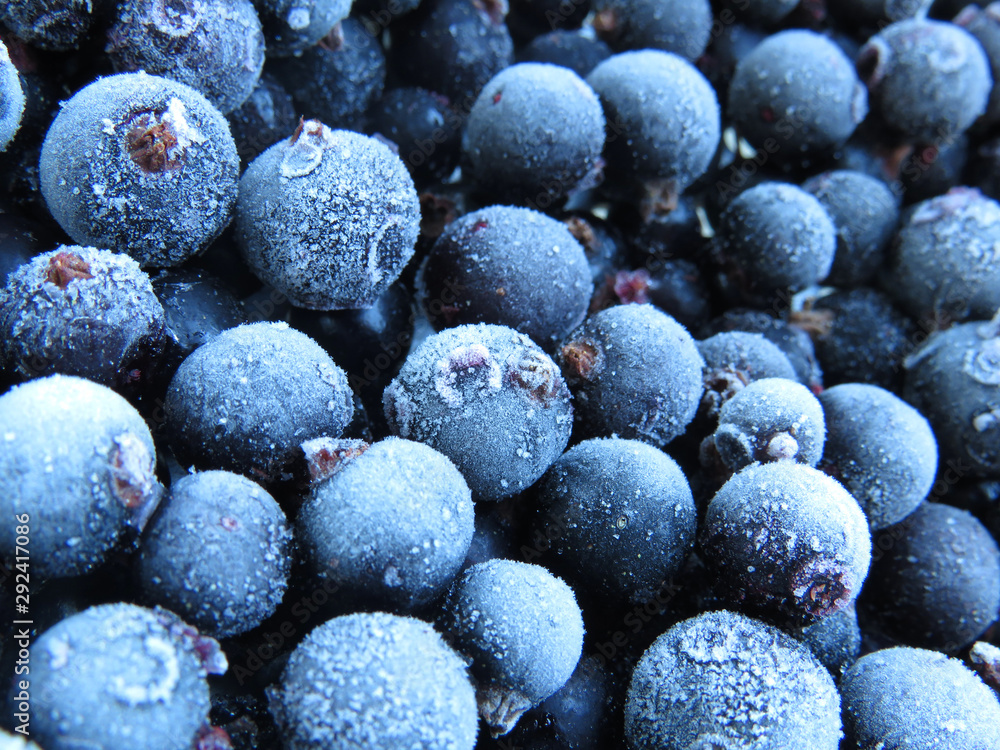 Black currant covered with hoarfrost. Frozen Berry. Tasty and healthy food. Close-up.