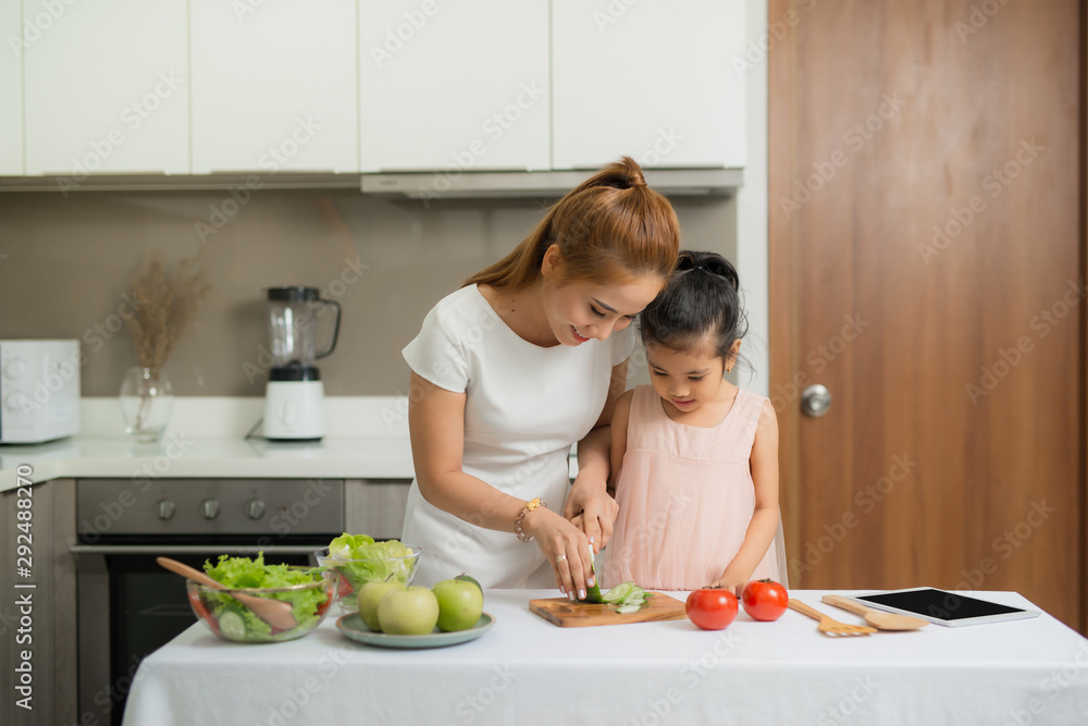 Happy mother and her daughter enjoy making and having healthy meal together at their home