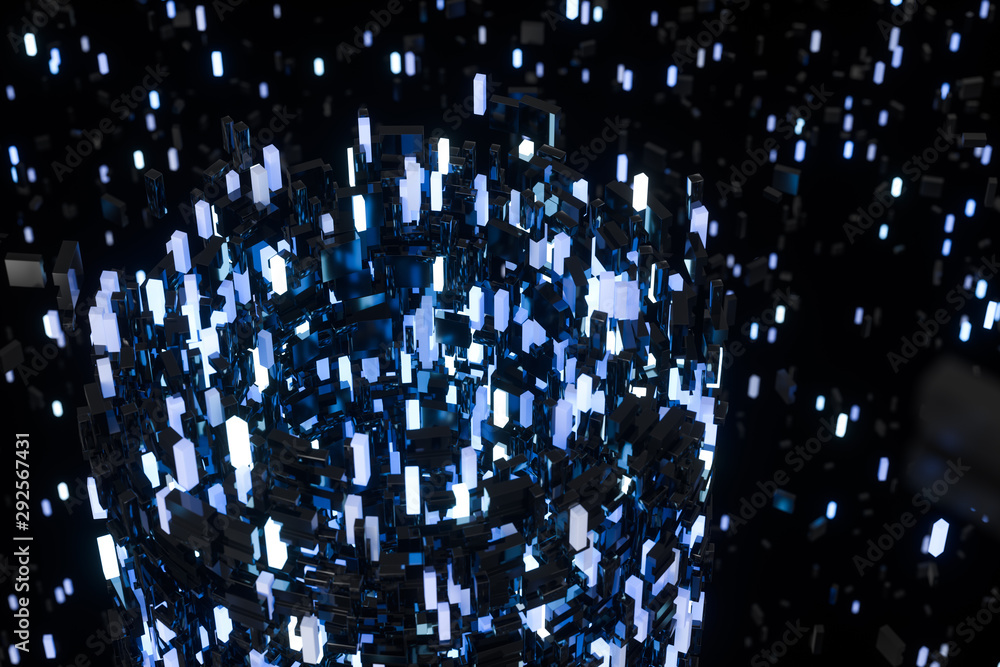 A room full with dark cubes, Illuminated by glowing cubes, 3d rendering