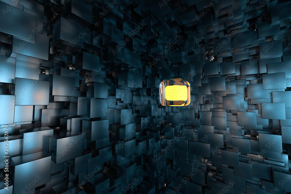 A room full with dark cubes, Illuminated by glowing cubes, 3d rendering