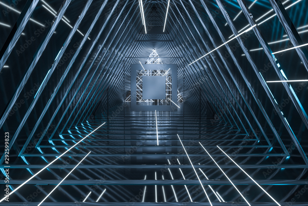 Dark triangle tunnel with glowing hud lines, 3d rendering