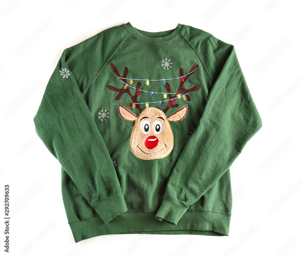 Funny Christmas sweater on white background