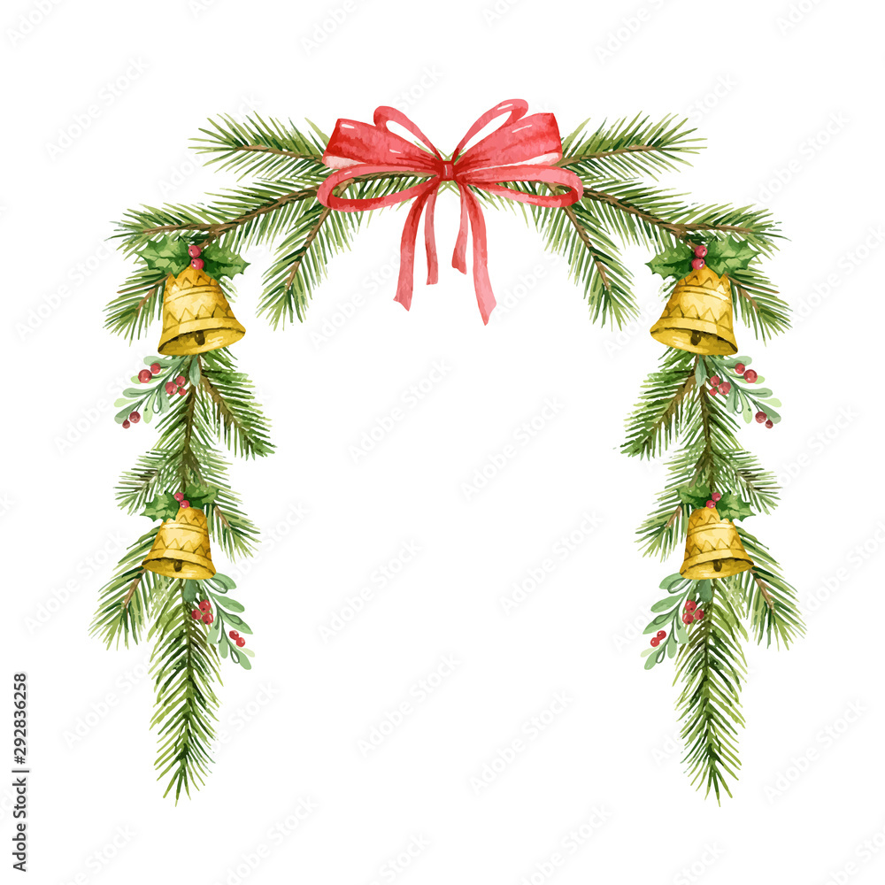 Watercolor vector Christmas wreath with fir branches, bells and red bow.