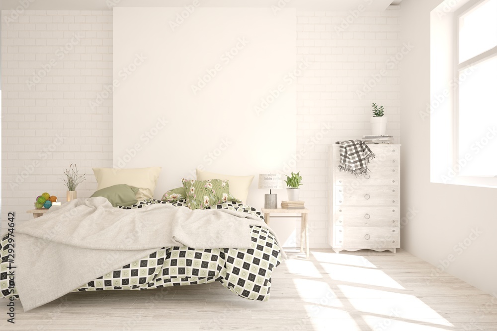 Stylish bedroom in white color. Scandinavian interior design. 3D illustration