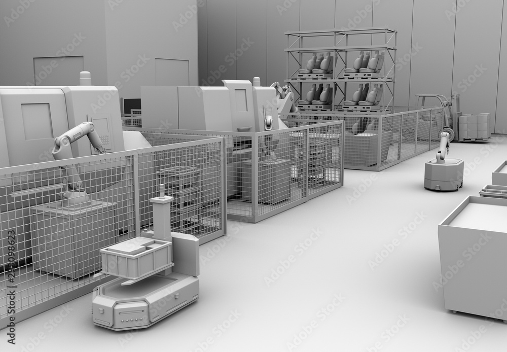 Clay rendering of mobile robot, heavy payload robot cell and CNC machines in smart factory. 3D rende