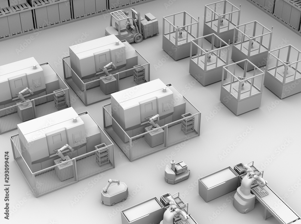 Clay rendering of mobile robots, dual-arm robots, assembly robot cells and CNC machines in smart fac