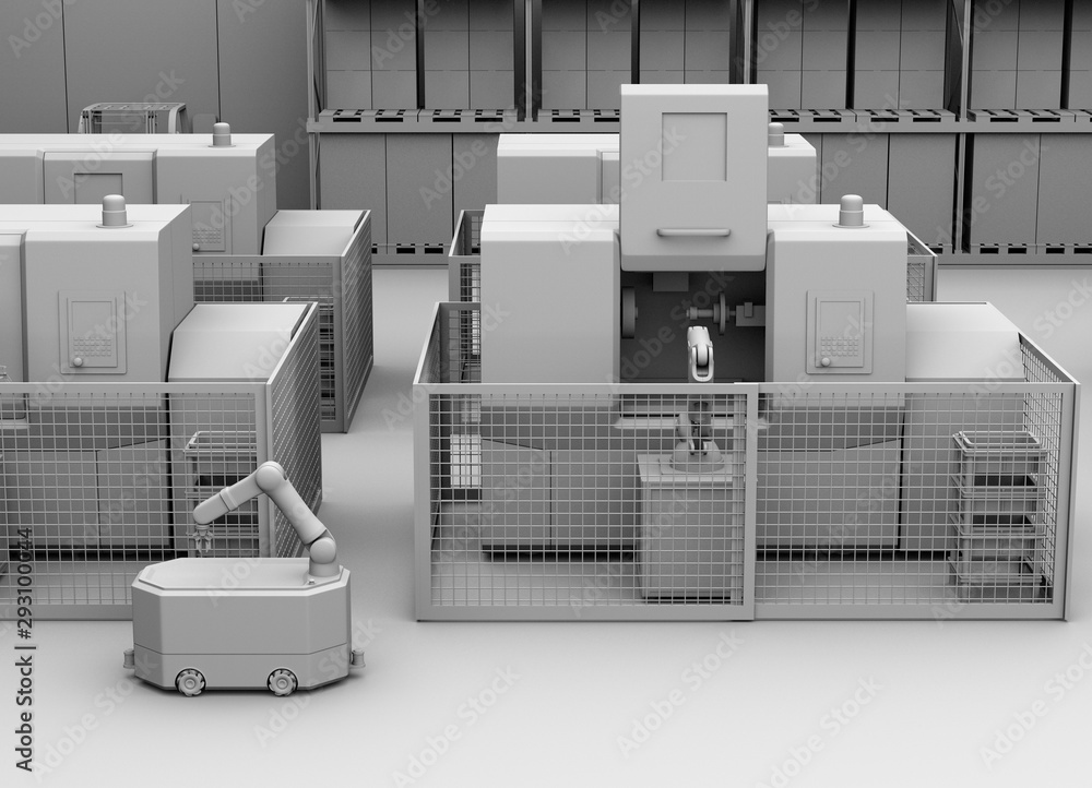 移动机器人在工厂通过CNC机器人细胞的粘土渲染。智能工厂概念。3D渲染