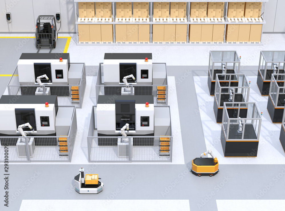 Mobile robots, dual-arm robots, assembly robot cells and CNC machines in smart factory. 3D rendering