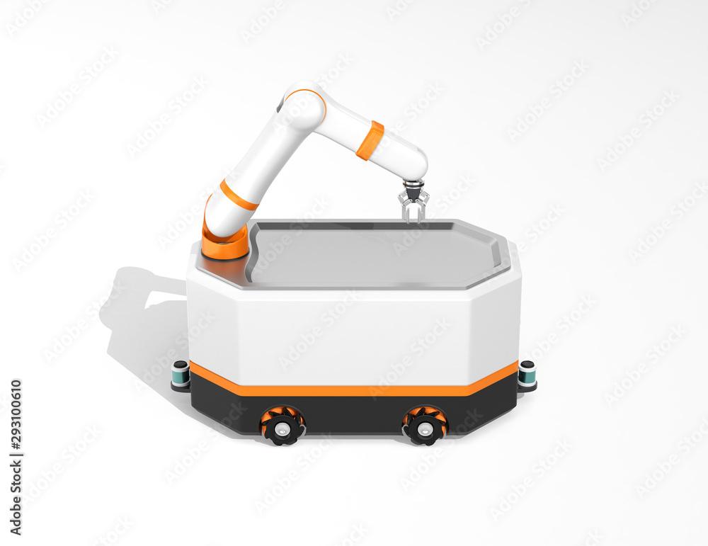 Side view of mobile robot AGV on gray background. 3D rendering image.