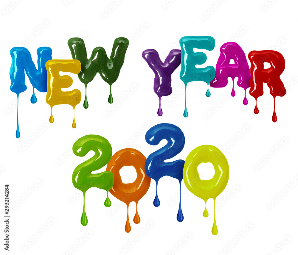 Inscription New Year 2020 is made of colored glaze on white background