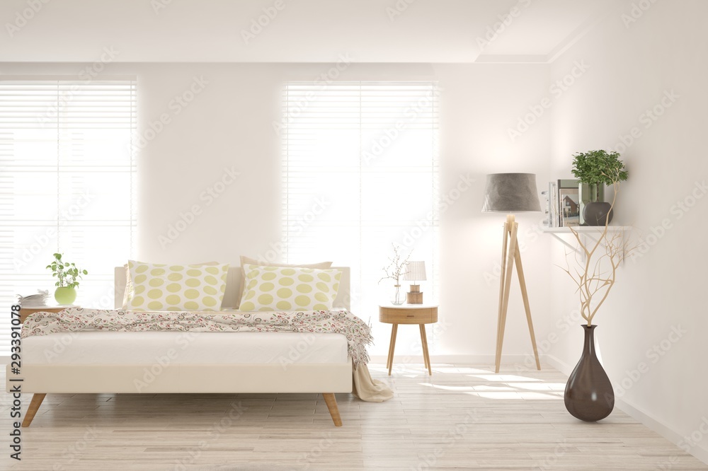 Stylish bedroom in white color. Scandinavian interior design. 3D illustration