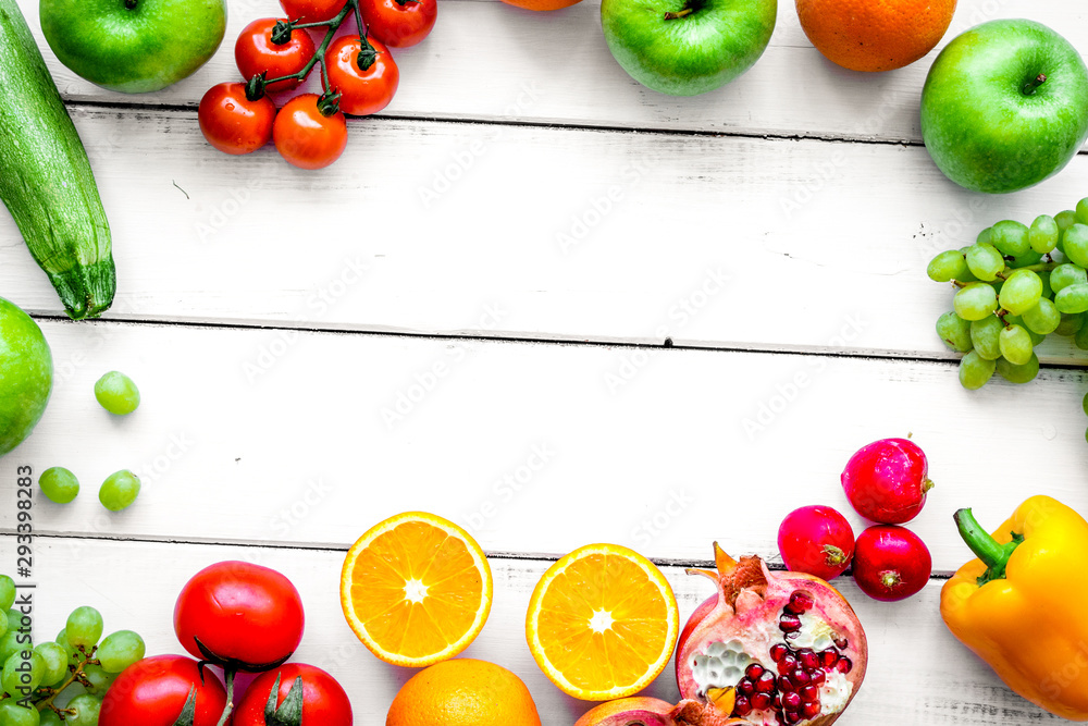 cooking salad with fresh fruits and vegetables on white background top view mock-up