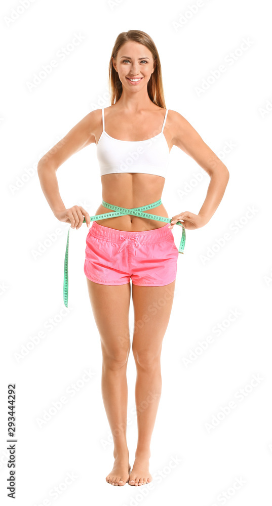 Beautiful young woman with measuring tape on white background. Weight loss concept