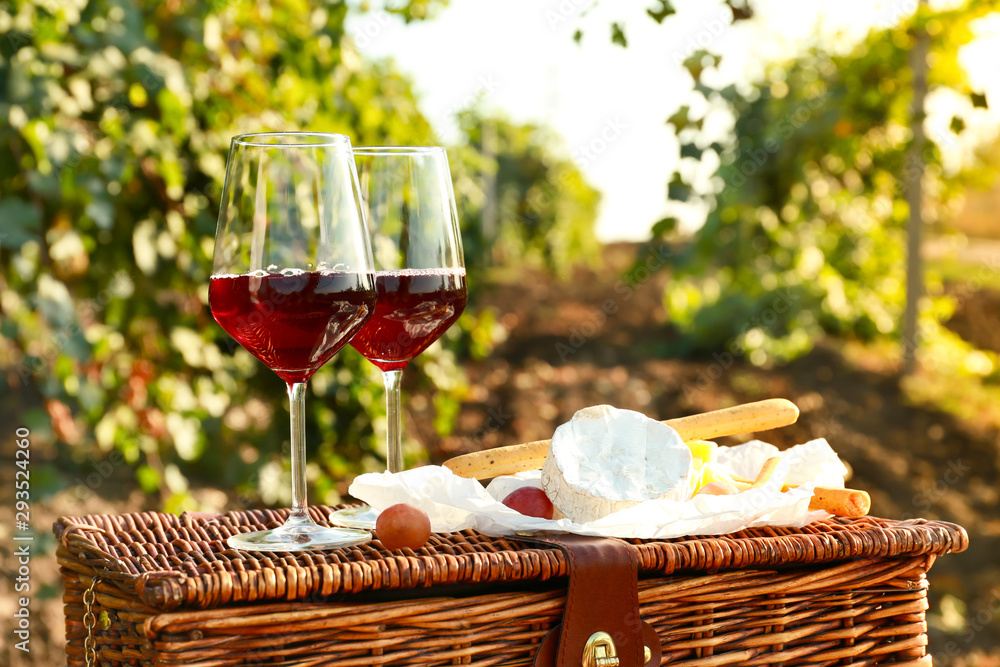 Glasses of tasty wine and snacks on picnic basket in vineyard