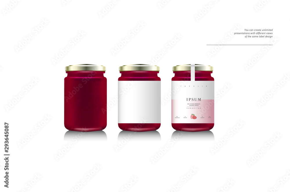 Realistic glass bottle packaging for fruit jam. Raspberry or strawberry jam with design label, typog