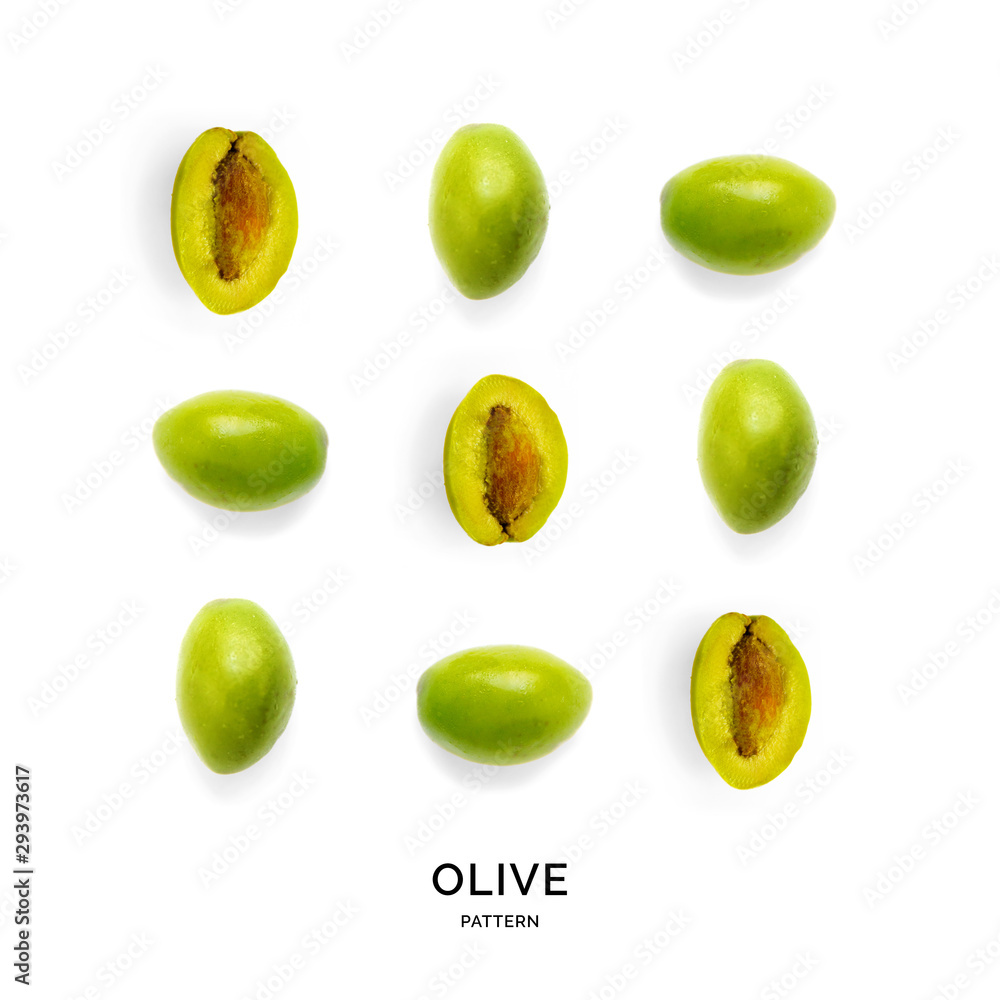 Seamless pattern with green olives. Vegetables abstract background. Olive on the white background.