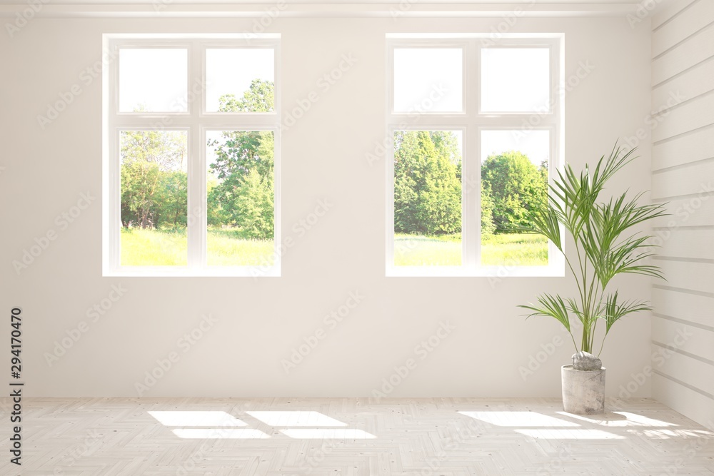 Stylish empty room in white color with summer landscape in window. Scandinavian interior design. 3D 