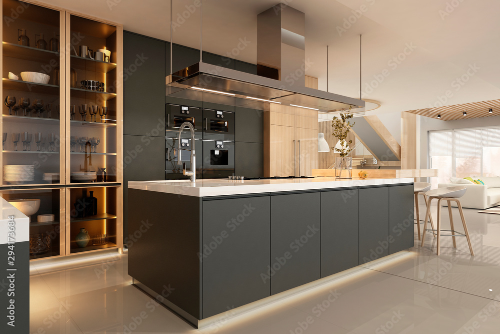 Modern kitchen interior in black colors