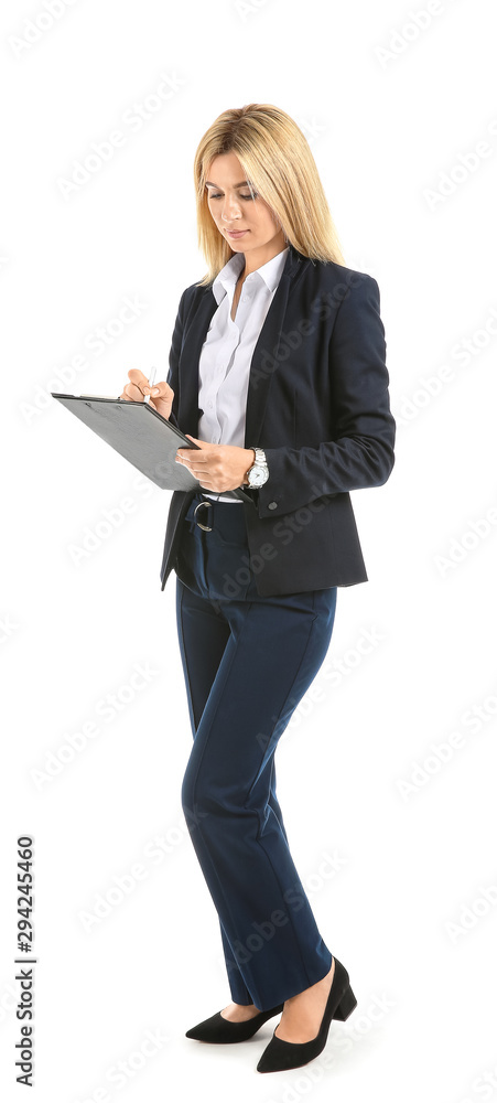 Beautiful stylish businesswoman with documents on white background