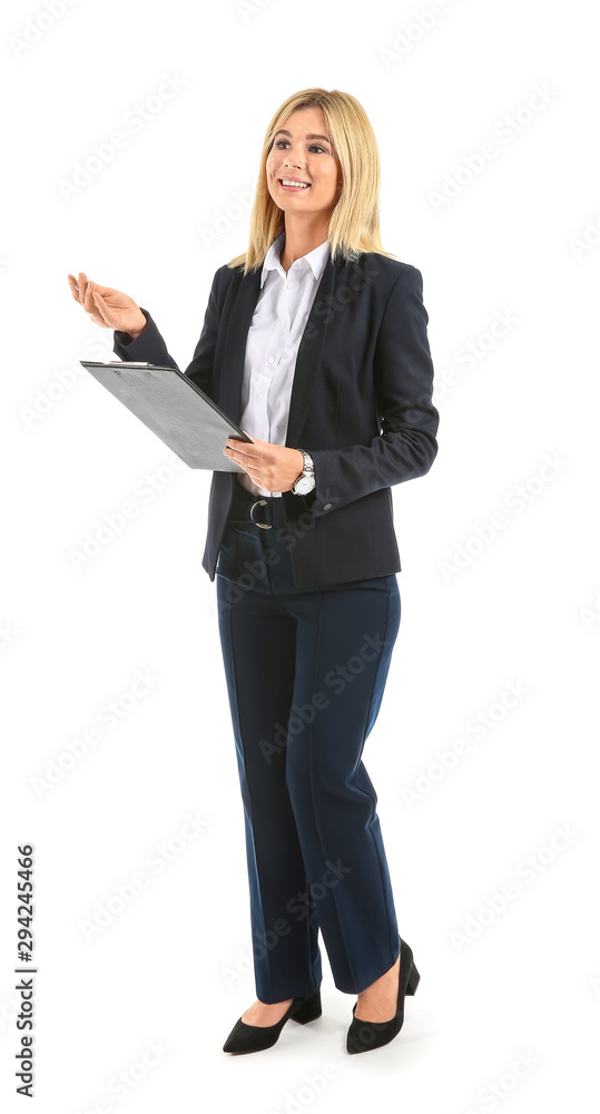 Beautiful stylish businesswoman with documents on white background