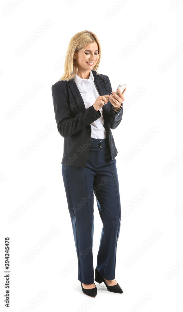 Beautiful stylish businesswoman with mobile phone on white background