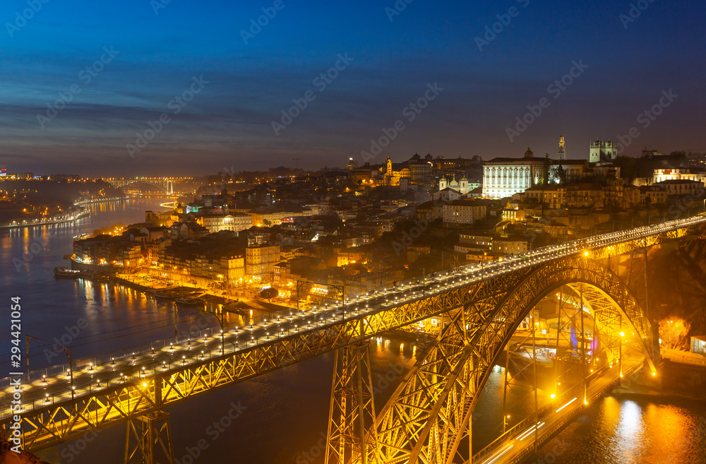 Porto old town and the Dom Luis Bridge at night, Portugal