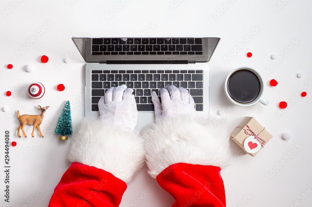 Christmas theme with laptop computer and xmas ornaments from above