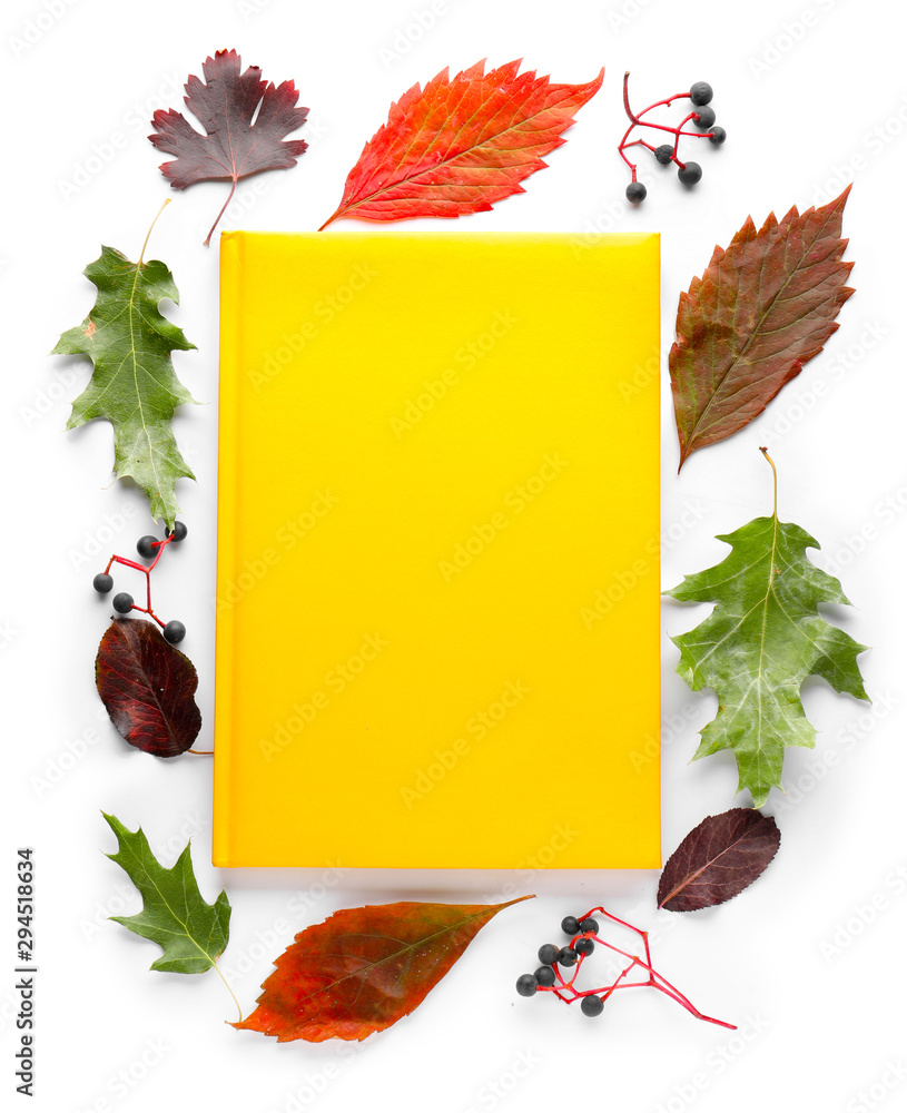 Beautiful autumn leaves and notebook on white background