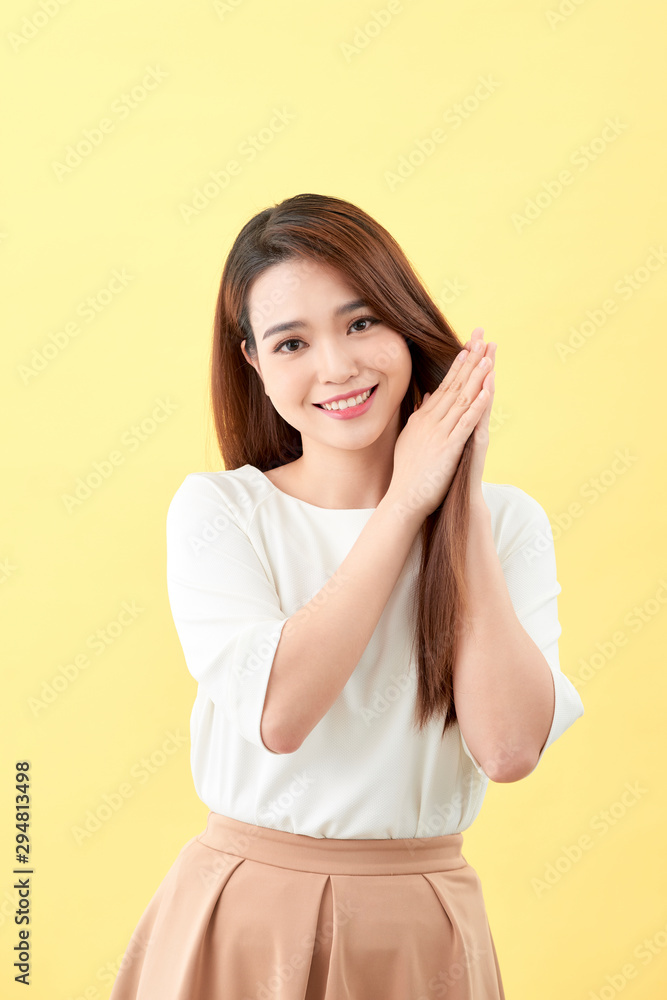 Asian young beautiful woman smiling and touching smooth her hair, natural make-up, beauty face, isol